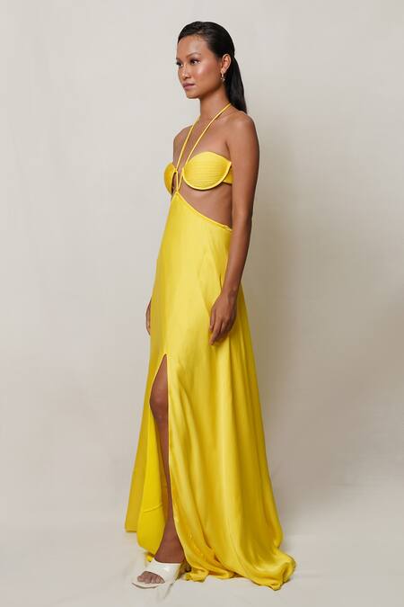 Buy Pinup By Astha Yellow Satin, Georgette, Crepe Halter Neck Waist Cutout Gown Online at Aza Fashions Buy_Pinup By Astha_Yellow Satin, Georgette, Crepe Halter Neck Waist Cutout Gown _Online_at_Aza_Fashions