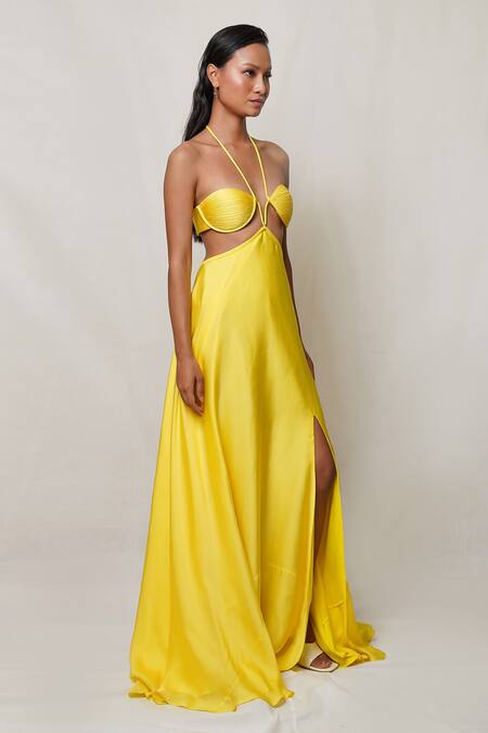 Shop Pinup By Astha Yellow Satin, Georgette, Crepe Halter Neck Waist Cutout Gown Online at Aza Fashions Shop_Pinup By Astha_Yellow Satin, Georgette, Crepe Halter Neck Waist Cutout Gown _Online_at_Aza_Fashions