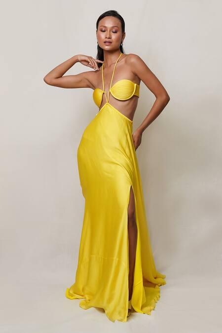 Pinup By Astha Yellow Satin, Georgette, Crepe Halter Neck Waist Cutout Gown at Aza Fashions Pinup By Astha_Yellow Satin, Georgette, Crepe Halter Neck Waist Cutout Gown _at_Aza_Fashions