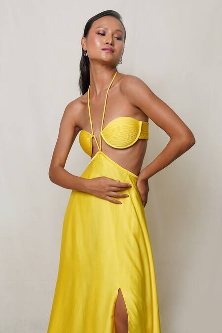 Buy Pinup By Astha Yellow Satin, Georgette, Crepe Halter Neck Waist Cutout Gown Buy_Pinup By Astha_Yellow Satin, Georgette, Crepe Halter Neck Waist Cutout Gown