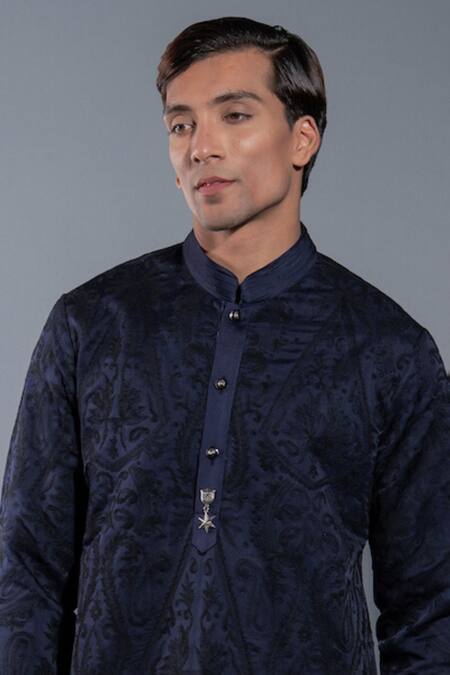 More Mischief_Blue Silk Linen Embroidered Dori Kurta And Trouser Set_Online_at_Aza_Fashions