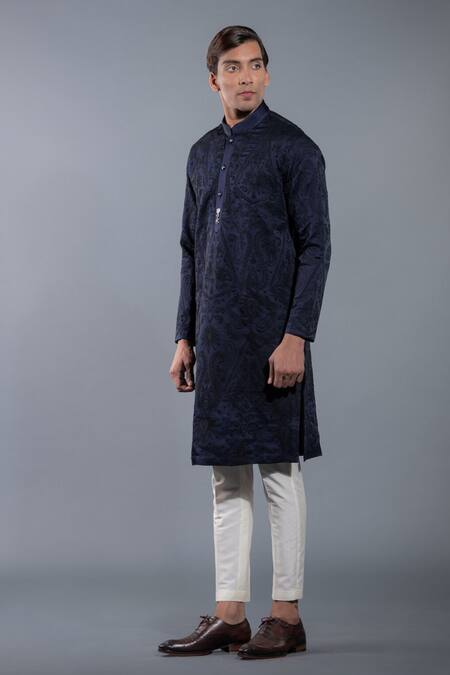 Buy_More Mischief_Blue Silk Linen Embroidered Dori Kurta And Trouser Set_Online_at_Aza_Fashions