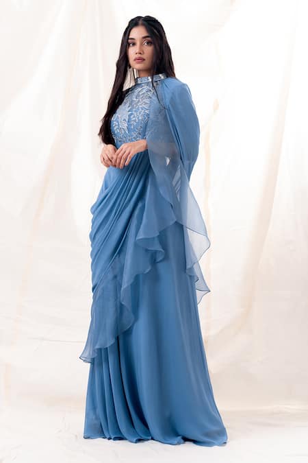 Buy PIRI INDIA Blue Georgette, Organza Beads, Pearls, Ocean Pre-draped Saree And Crop Top Online at Aza Fashions Buy_PIRI INDIA_Blue Georgette, Organza Beads, Pearls, Ocean Pre-draped Saree And Crop Top _Online_at_Aza_Fashions