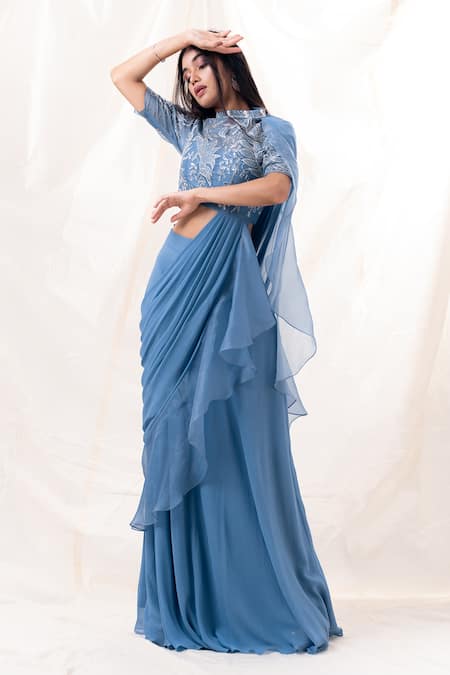 Shop PIRI INDIA Blue Georgette, Organza Beads, Pearls, Ocean Pre-draped Saree And Crop Top Online at Aza Fashions Shop_PIRI INDIA_Blue Georgette, Organza Beads, Pearls, Ocean Pre-draped Saree And Crop Top _Online_at_Aza_Fashions