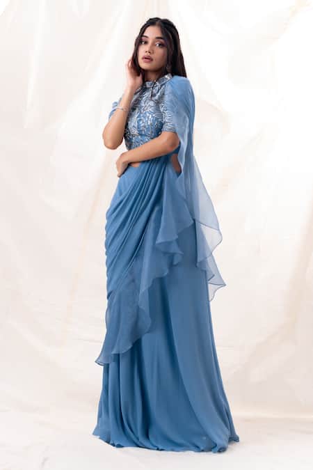 PIRI INDIA Blue Georgette, Organza Beads, Pearls, Ocean Pre-draped Saree And Crop Top at Aza Fashions PIRI INDIA_Blue Georgette, Organza Beads, Pearls, Ocean Pre-draped Saree And Crop Top _at_Aza_Fashions