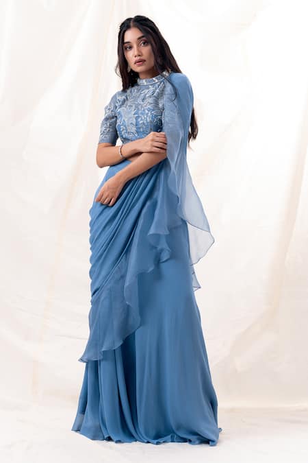 Buy PIRI INDIA Blue Georgette, Organza Beads, Pearls, Ocean Pre-draped Saree And Crop Top Buy_PIRI INDIA_Blue Georgette, Organza Beads, Pearls, Ocean Pre-draped Saree And Crop Top