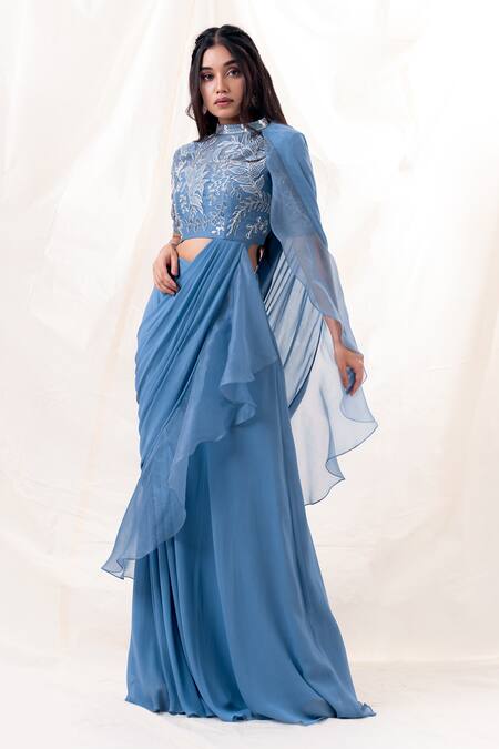 Shop PIRI INDIA Blue Georgette, Organza Beads, Pearls, Ocean Pre-draped Saree And Crop Top Shop_PIRI INDIA_Blue Georgette, Organza Beads, Pearls, Ocean Pre-draped Saree And Crop Top