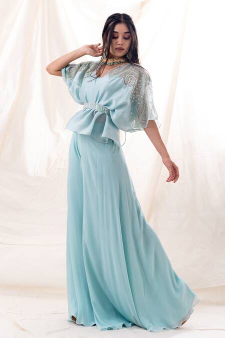 PIRI INDIA Green Chanderi, Organza, Georgette Sequins, Embroidered Kimono Palazzo Set Online at Aza Fashions PIRI INDIA_Green Chanderi, Organza, Georgette Sequins, Embroidered Kimono Palazzo Set _Online_at_Aza_Fashions