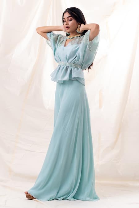 Buy PIRI INDIA Green Chanderi, Organza, Georgette Sequins, Embroidered Kimono Palazzo Set Online at Aza Fashions Buy_PIRI INDIA_Green Chanderi, Organza, Georgette Sequins, Embroidered Kimono Palazzo Set _Online_at_Aza_Fashions