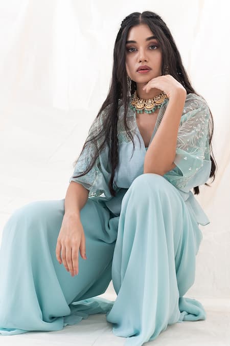 PIRI INDIA Green Chanderi, Organza, Georgette Sequins, Embroidered Kimono Palazzo Set at Aza Fashions PIRI INDIA_Green Chanderi, Organza, Georgette Sequins, Embroidered Kimono Palazzo Set _at_Aza_Fashions