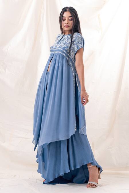 PIRI INDIA_Blue Organza, Georgette Embroidery Round Neck Yoke Kurta And Palazzo Set _Online_at_Aza_Fashions