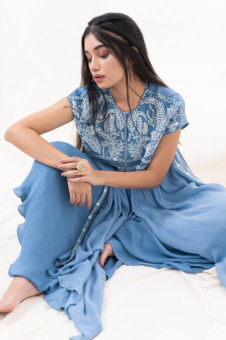Buy_PIRI INDIA_Blue Organza, Georgette Embroidery Round Neck Yoke Kurta And Palazzo Set _Online_at_Aza_Fashions