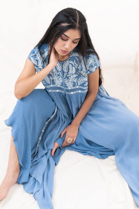 Shop_PIRI INDIA_Blue Organza, Georgette Embroidery Round Neck Yoke Kurta And Palazzo Set _Online_at_Aza_Fashions