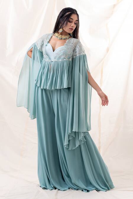 Buy_PIRI INDIA_Green Chanderi, Organza, Georgette Pearls, Sequins, Beads, Jacket Palazzo Set _Online_at_Aza_Fashions