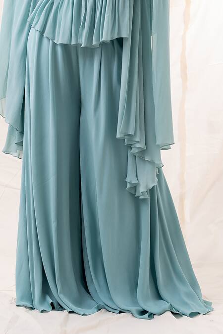 Shop_PIRI INDIA_Green Chanderi, Organza, Georgette Pearls, Sequins, Beads, Jacket Palazzo Set _Online_at_Aza_Fashions