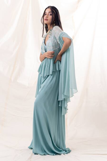 PIRI INDIA_Green Chanderi, Organza, Georgette Pearls, Sequins, Beads, Jacket Palazzo Set _at_Aza_Fashions