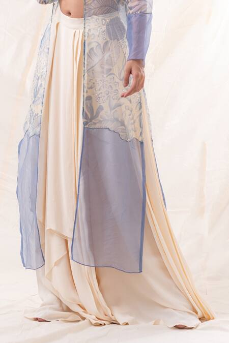 PIRI INDIA_Blue Organza, Georgette, Chanderi Sequins, Floral Print Jacket Draped Pant Set _Online_at_Aza_Fashions
