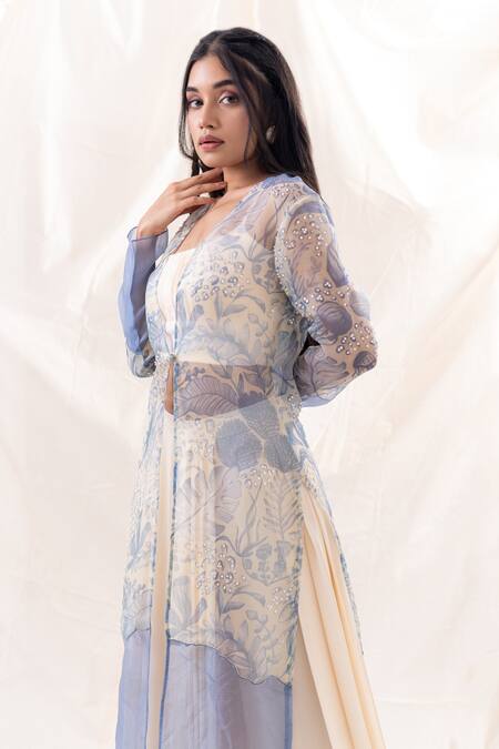 Buy_PIRI INDIA_Blue Organza, Georgette, Chanderi Sequins, Floral Print Jacket Draped Pant Set _Online_at_Aza_Fashions