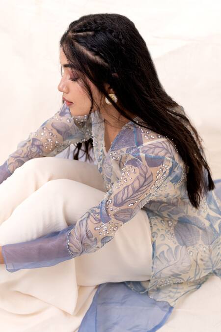 PIRI INDIA_Blue Organza, Georgette, Chanderi Sequins, Floral Print Jacket Draped Pant Set _at_Aza_Fashions