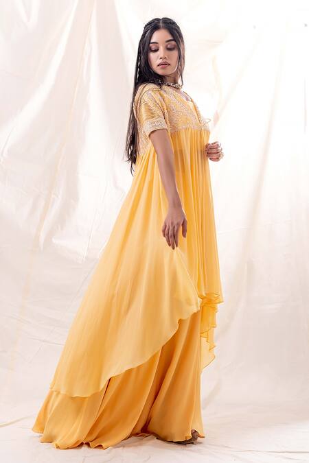 Buy PIRI INDIA Yellow Chanderi, Georgette, Organza Sequins, Embroidery Jacket Palazzo Set Online at Aza Fashions Buy_PIRI INDIA_Yellow Chanderi, Georgette, Organza Sequins, Embroidery Jacket Palazzo Set _Online_at_Aza_Fashions