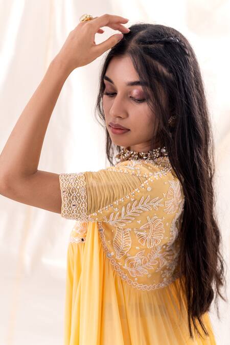 Shop PIRI INDIA Yellow Chanderi, Georgette, Organza Sequins, Embroidery Jacket Palazzo Set Online at Aza Fashions Shop_PIRI INDIA_Yellow Chanderi, Georgette, Organza Sequins, Embroidery Jacket Palazzo Set _Online_at_Aza_Fashions