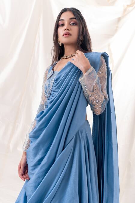 Buy PIRI INDIA Blue Silk, Organza Sequins, Border Embroidered Pre-draped Saree With Blouse Online at Aza Fashions Buy_PIRI INDIA_Blue Silk, Organza Sequins, Border Embroidered Pre-draped Saree With Blouse _Online_at_Aza_Fashions