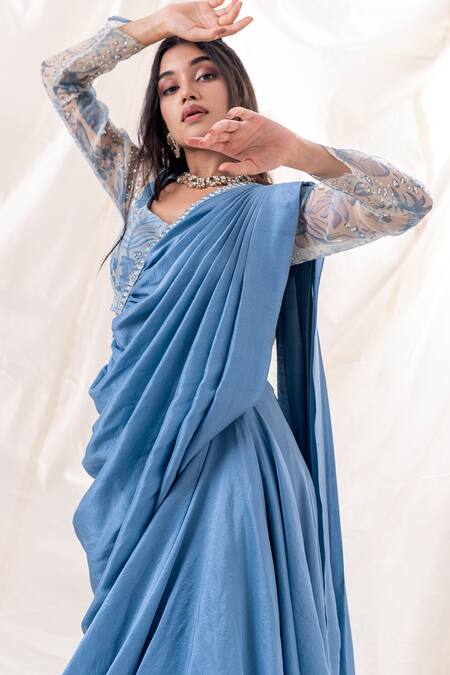 Shop PIRI INDIA Blue Silk, Organza Sequins, Border Embroidered Pre-draped Saree With Blouse Online at Aza Fashions Shop_PIRI INDIA_Blue Silk, Organza Sequins, Border Embroidered Pre-draped Saree With Blouse _Online_at_Aza_Fashions