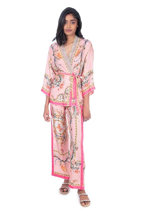 Monisha Jaising Pink Fuji Silk Printed And Embroidered Ornamental V Wrap Kurta & Pant Set Online at Aza Fashions Monisha Jaising_Pink Fuji Silk Printed And Embroidered Ornamental V Wrap Kurta & Pant Set_Online_at_Aza_Fashions