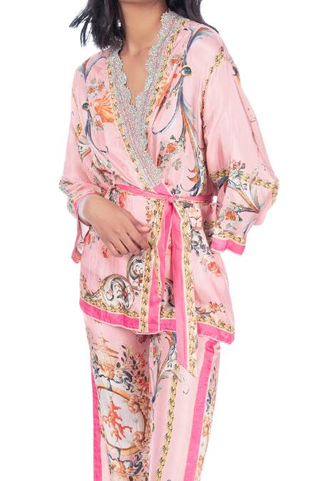Buy Monisha Jaising Pink Fuji Silk Printed And Embroidered Ornamental V Wrap Kurta & Pant Set Online at Aza Fashions Buy_Monisha Jaising_Pink Fuji Silk Printed And Embroidered Ornamental V Wrap Kurta & Pant Set_Online_at_Aza_Fashions