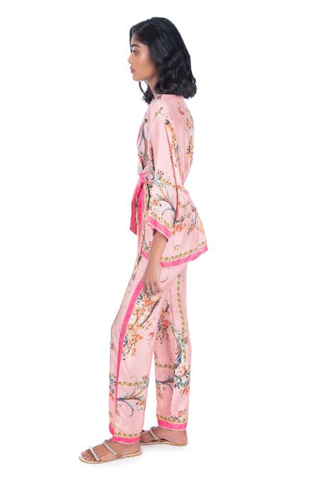 Shop Monisha Jaising Pink Fuji Silk Printed And Embroidered Ornamental V Wrap Kurta & Pant Set Online at Aza Fashions Shop_Monisha Jaising_Pink Fuji Silk Printed And Embroidered Ornamental V Wrap Kurta & Pant Set_Online_at_Aza_Fashions