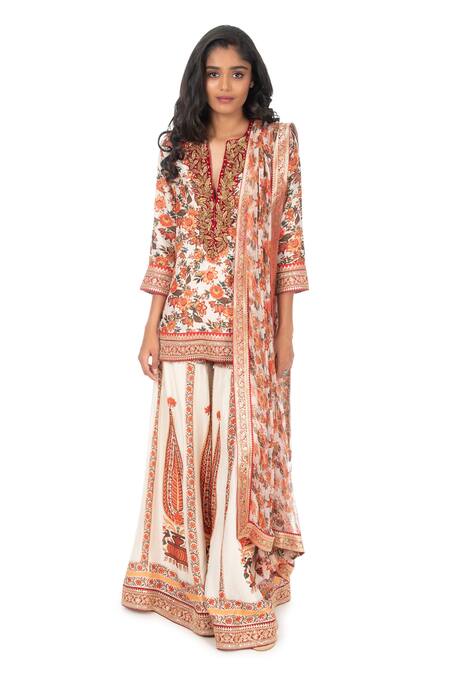 Buy_Monisha Jaising_Ivory Raw Silk Printed Floral Pattern Notched Sharara Set_Online_at_Aza_Fashions