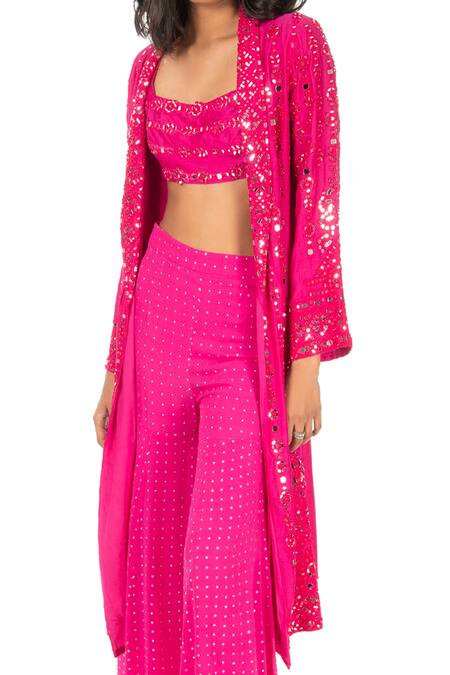Monisha Jaising_Fuchsia Raw Silk Embroidered Thread Jacket Lapel Mirror Work Sharara Set_Online_at_Aza_Fashions