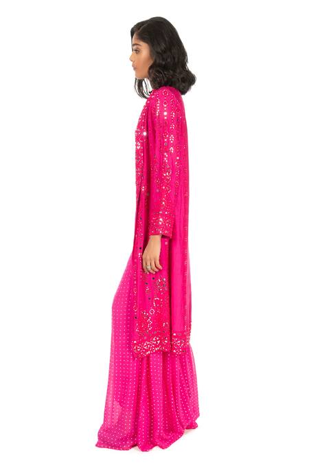 Buy_Monisha Jaising_Fuchsia Raw Silk Embroidered Thread Jacket Lapel Mirror Work Sharara Set_Online_at_Aza_Fashions
