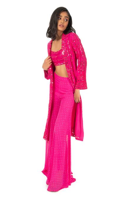 Shop_Monisha Jaising_Fuchsia Raw Silk Embroidered Thread Jacket Lapel Mirror Work Sharara Set_Online_at_Aza_Fashions