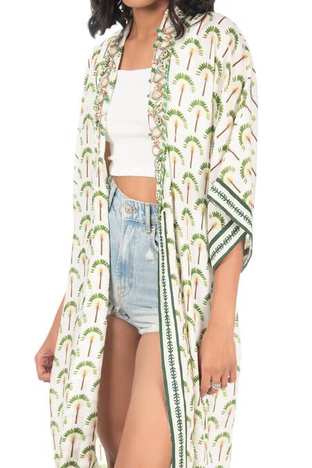 Buy Monisha Jaising Ivory Cotton Silk Printed And Embroidered Palm Tree Lapel Collar Robe Online at Aza Fashions Buy_Monisha Jaising_Ivory Cotton Silk Printed And Embroidered Palm Tree Lapel Collar Robe_Online_at_Aza_Fashions