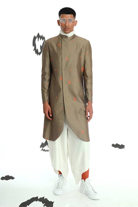 Shop_Antar Agni_Green Cotton Silk Embroidery Thread Cross-over Wing Jacket _Online_at_Aza_Fashions