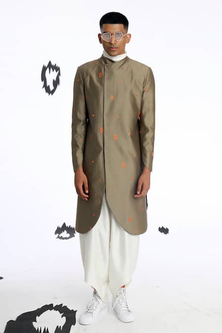 Antar Agni_Green Cotton Silk Embroidery Thread Cross-over Wing Jacket _Online_at_Aza_Fashions