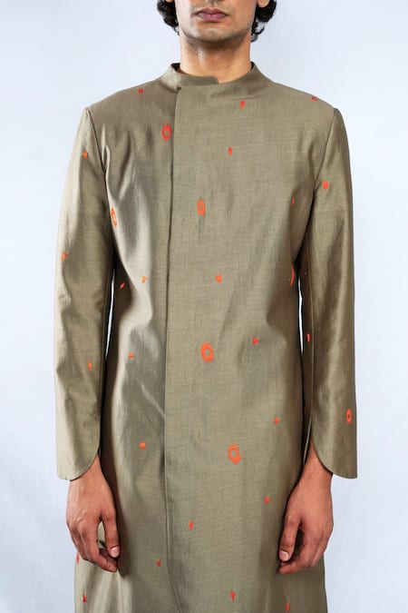 Buy_Antar Agni_Green Cotton Silk Embroidery Thread Cross-over Wing Jacket _Online_at_Aza_Fashions