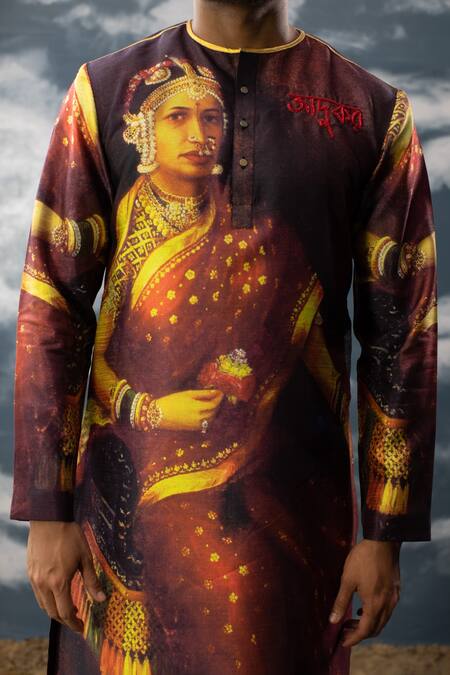 Saksham & Neharicka_Maroon Silk Zari, Sequins Portrait Print Kurta_Online_at_Aza_Fashions