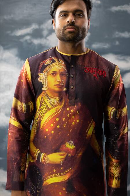 Buy_Saksham & Neharicka_Maroon Silk Zari, Sequins Portrait Print Kurta_Online_at_Aza_Fashions