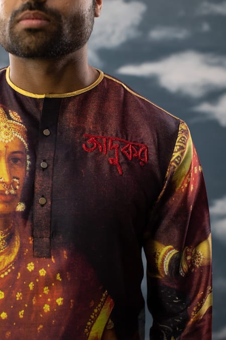 Shop_Saksham & Neharicka_Maroon Silk Zari, Sequins Portrait Print Kurta_Online_at_Aza_Fashions