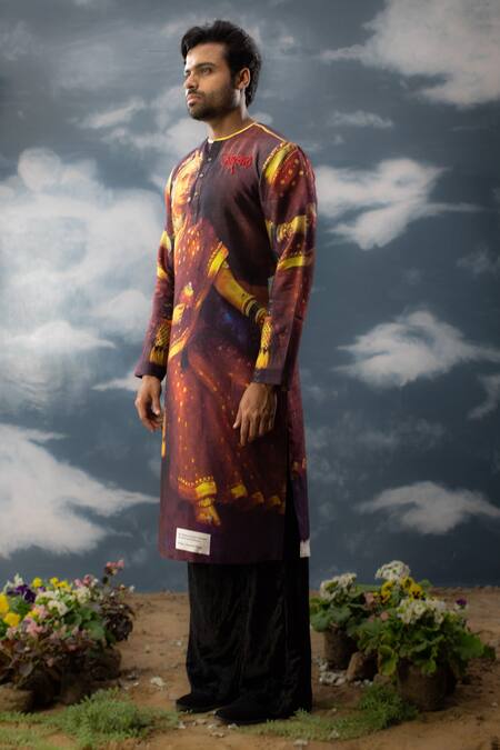 Saksham & Neharicka_Maroon Silk Zari, Sequins Portrait Print Kurta_at_Aza_Fashions