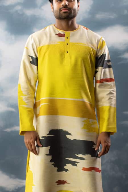 Saksham & Neharicka_Yellow Silk Embroidery Color Block Abstract Print Kurta _Online_at_Aza_Fashions