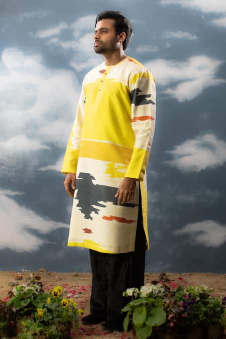 Buy_Saksham & Neharicka_Yellow Silk Embroidery Color Block Abstract Print Kurta _Online_at_Aza_Fashions