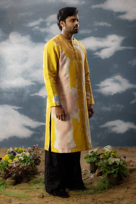 Saksham & Neharicka_Yellow Silk Embroidery Abstract Print Round Neck Kurta_Online_at_Aza_Fashions