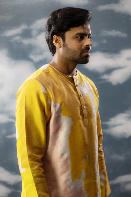 Buy_Saksham & Neharicka_Yellow Silk Embroidery Abstract Print Round Neck Kurta_Online_at_Aza_Fashions