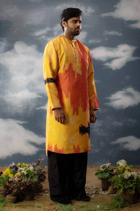 Buy_Saksham & Neharicka_Yellow Silk Embroidery Printed And Kurta_Online_at_Aza_Fashions