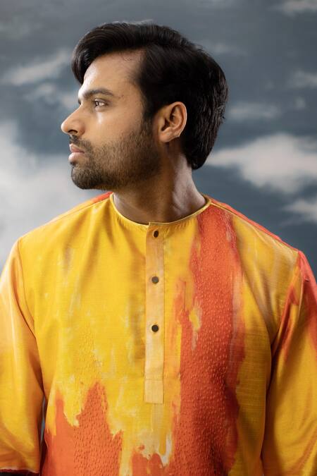 Shop_Saksham & Neharicka_Yellow Silk Embroidery Printed And Kurta_Online_at_Aza_Fashions