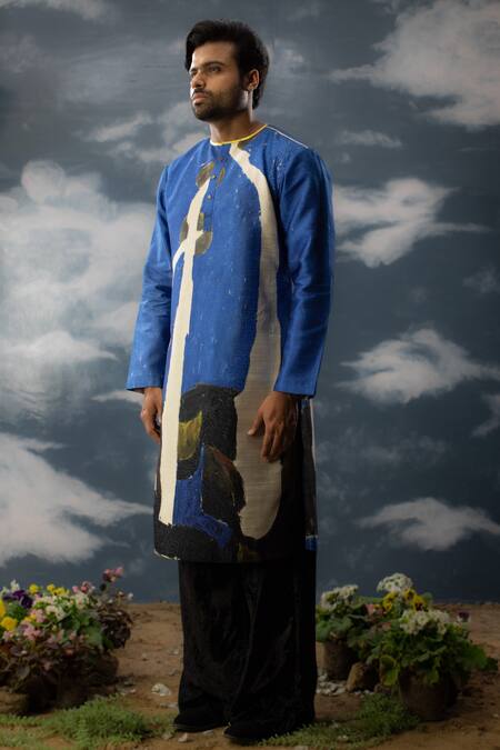 Saksham & Neharicka Blue Silk Embroidery Abstract Print And Thread Kurta Online at Aza Fashions Saksham & Neharicka_Blue Silk Embroidery Abstract Print And Thread Kurta_Online_at_Aza_Fashions