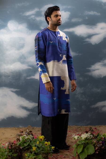 Saksham & Neharicka Blue Silk Embroidery Abstract Print Straight Kurta Online at Aza Fashions Saksham & Neharicka_Blue Silk Embroidery Abstract Print Straight Kurta_Online_at_Aza_Fashions